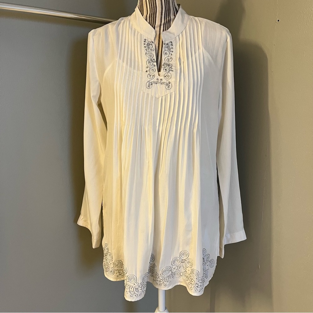 Sundance Women’s 100% Silk Ivory Embroidered Beaded Pintuck Boho Lined Blouse M